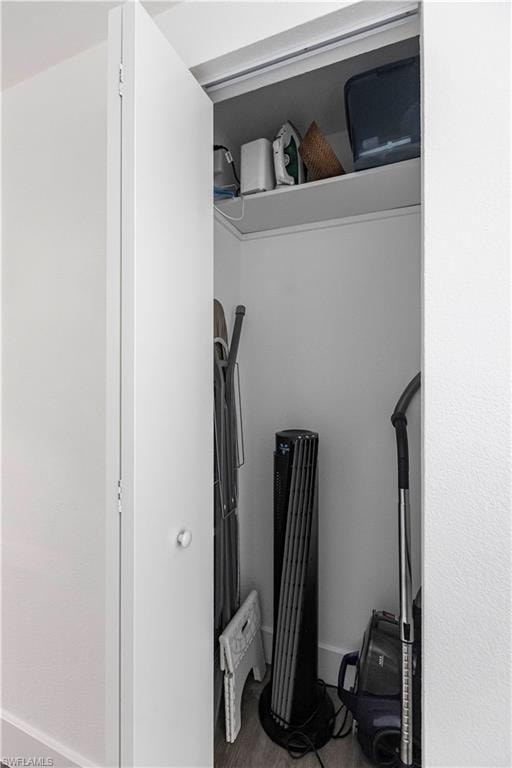 Bi-fold closet doors revealing interior shelving and wood-finish flooring