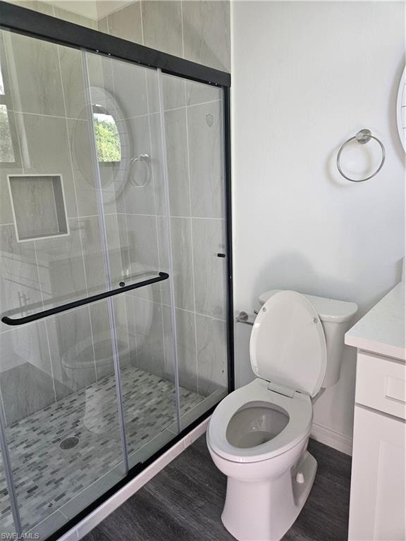Bathroom featuring a stall shower, wood finished floors, toilet, and vanity