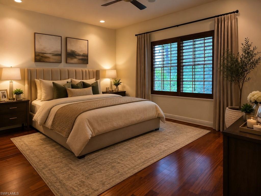 Spacious Primary bedroom featuring rich wood flooring, recessed lighting, and a ceiling fan