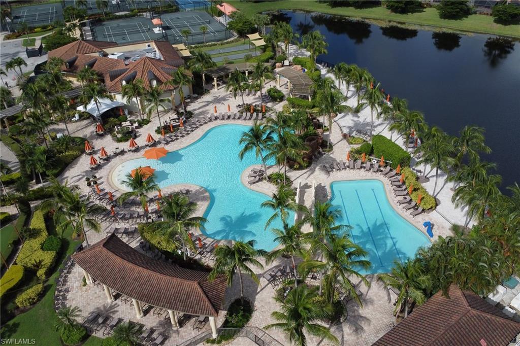 Bird's eye view of a pool and a large body of water