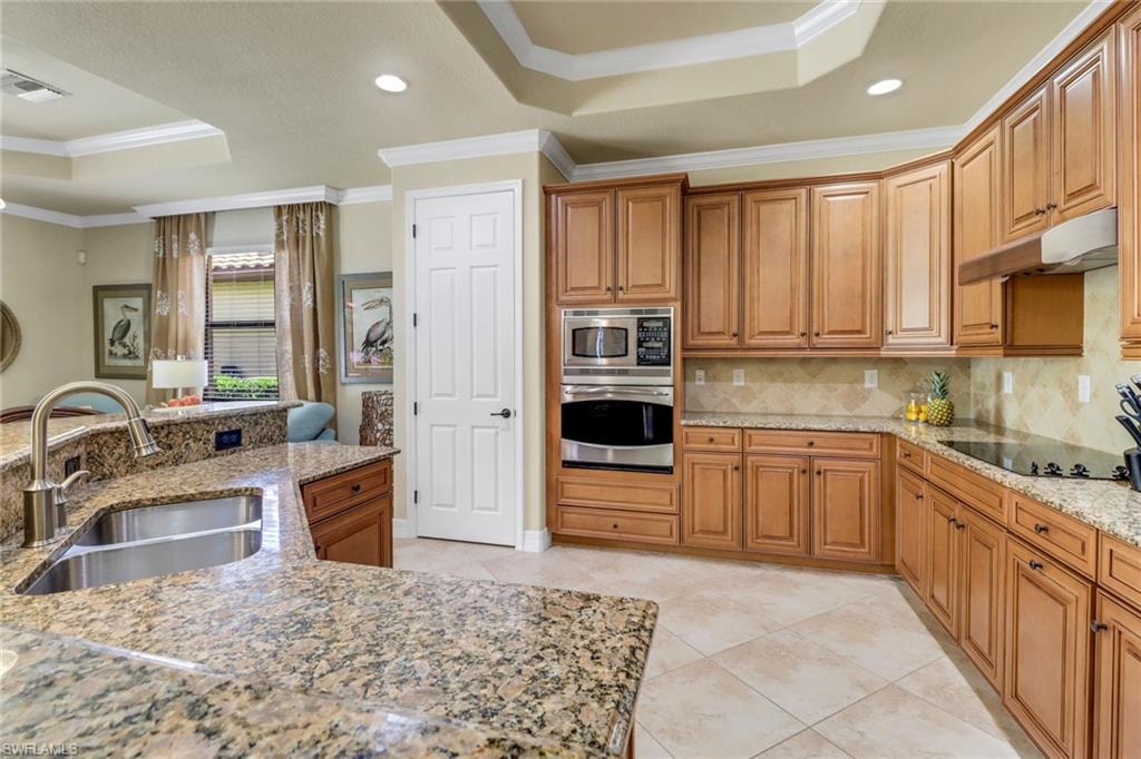 Kitchen with a raised ceiling, stainless steel appliances, under cabinet range hood, ornamental molding, and tasteful backsplash