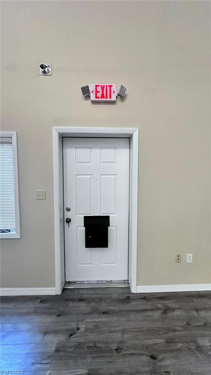 White panel door with a black wall-mounted receptacle, framed by a white trim, set against light beige walls