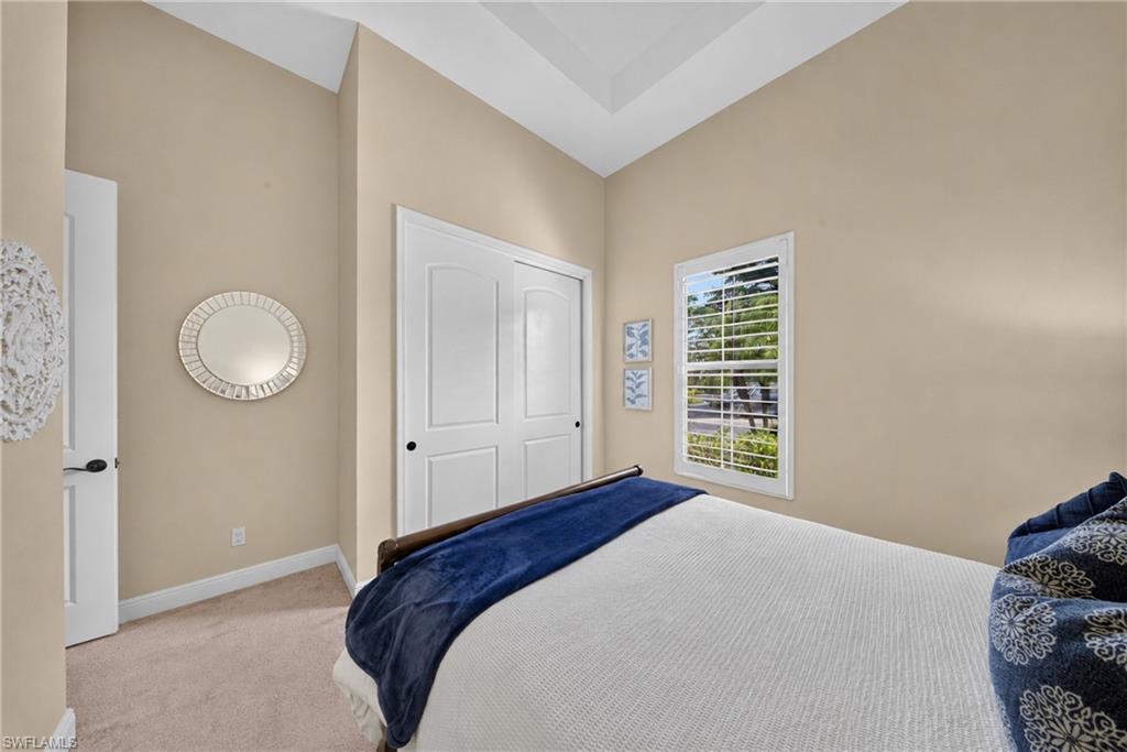 Room featuring a tray ceiling, light-toned walls, and carpet flooring