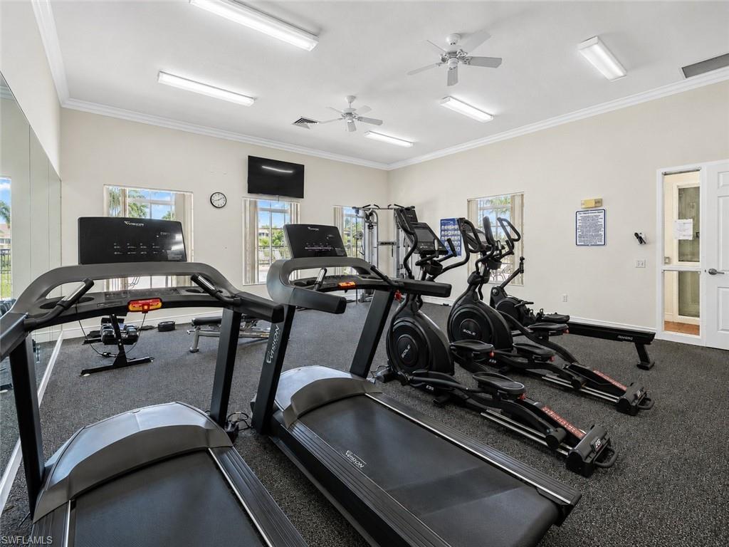 Fitness room with multiple cardio machines, mirrored walls, recessed lighting, and ceiling fans