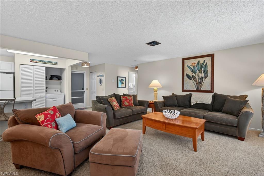 Living area with carpet floors, a textured ceiling, and washer / clothes dryer