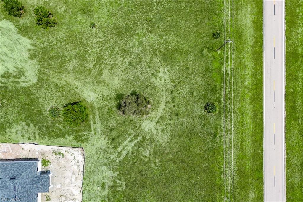 Large expanse of green land with a paved road visible