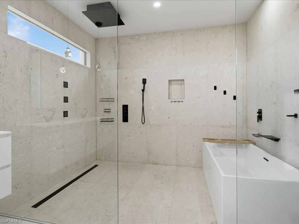 Contemporary bathroom featuring a spacious walk-in shower with matte black fixtures, a linear drain, and a rain shower head