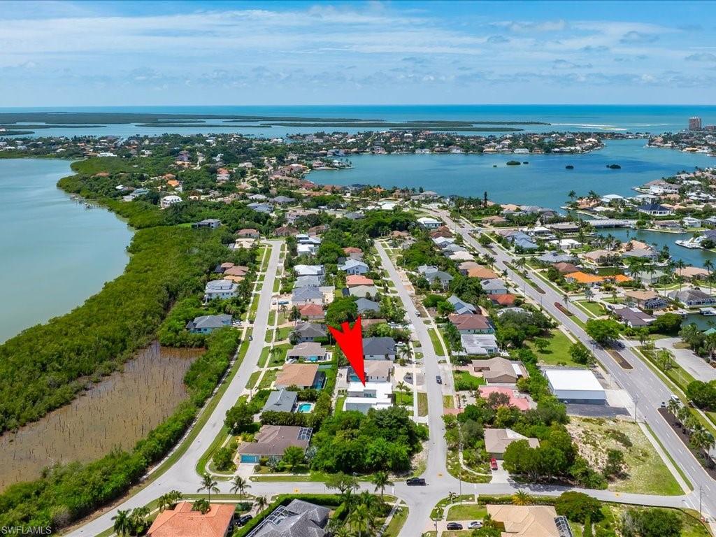 Aerial overview featuring a residential street with diverse architectural styles, surrounded by lush vegetation and a prominent body of water