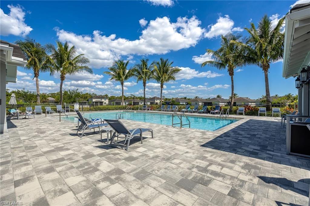 Expansive outdoor swimming pool area featuring a paver deck, multiple lounge chairs, and mature palm trees
