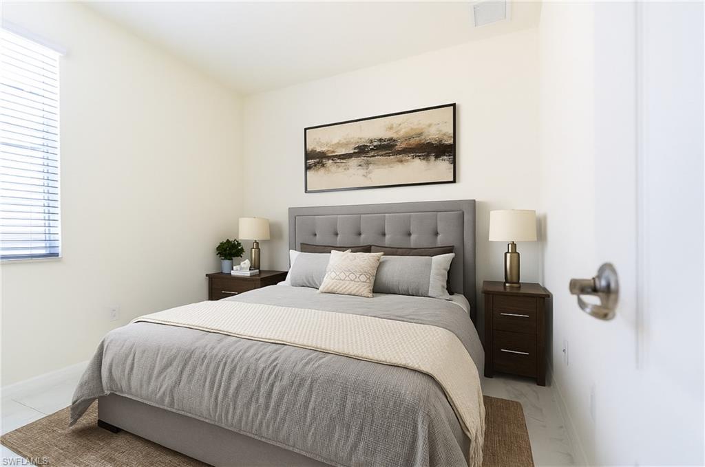 Virtually staged, with AI Bedroom featuring white walls and a large window with horizontal blinds