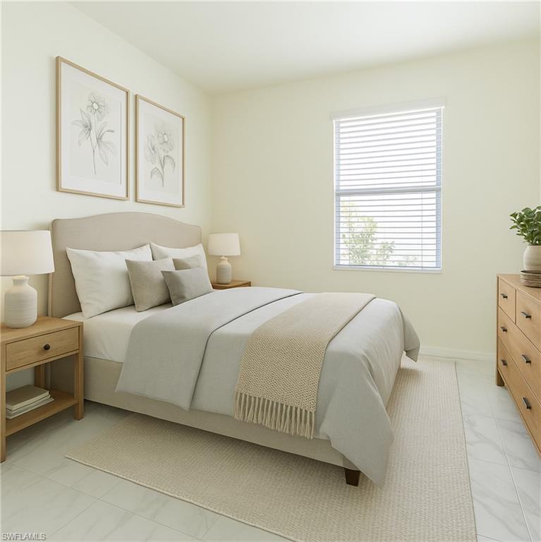 Virtually staged, with AI Bedroom featuring light-toned walls, a window with horizontal blinds, and a neutral tile flooring