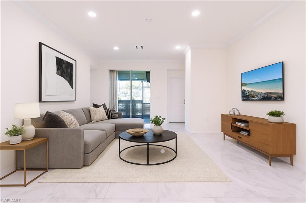 Virtually staged, with AI Spacious living area featuring light tile flooring, recessed lighting, crown molding, and a sliding glass door to an outdoor area