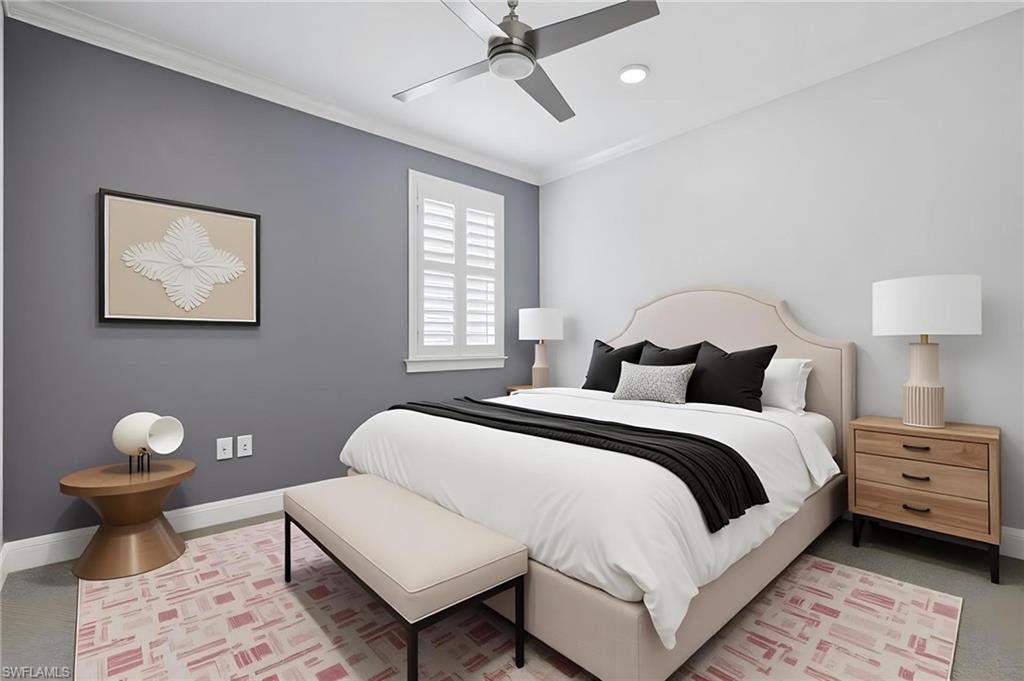 Bedroom featuring crown molding, a ceiling fan, and a window with plantation shutters