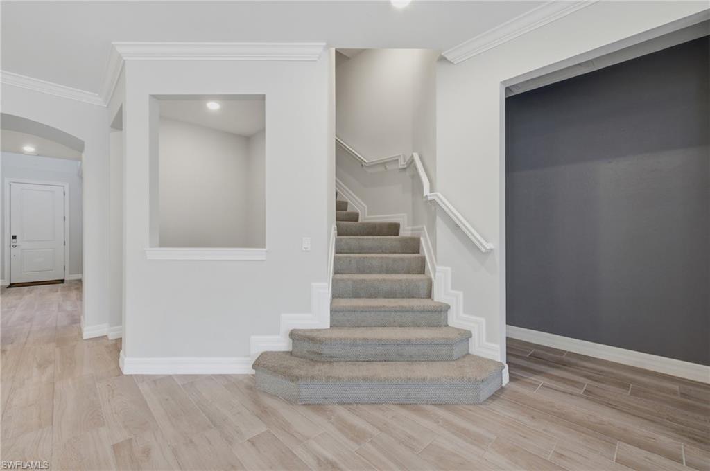 Carpeted staircase with white handrails and risers