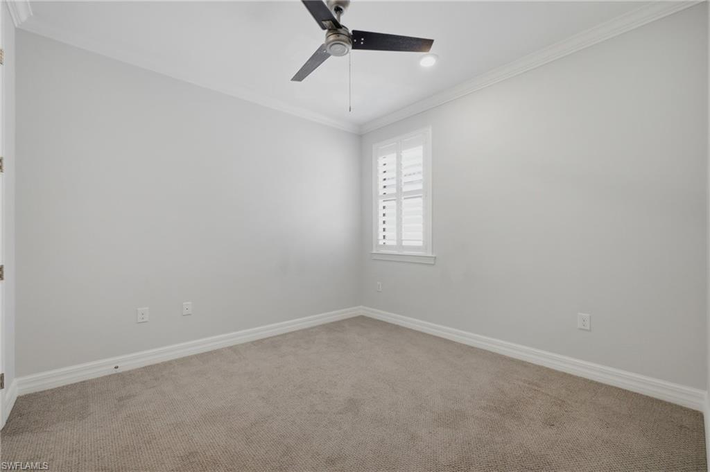 Carpeted room featuring a ceiling fan with integrated lighting, a window with plantation shutters, crown molding, and baseboards