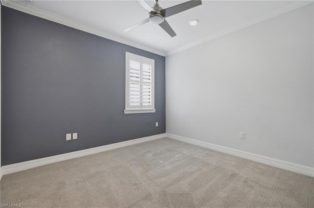 Room featuring a contrasting accent wall, neutral carpeting, and a ceiling fan with integrated lighting