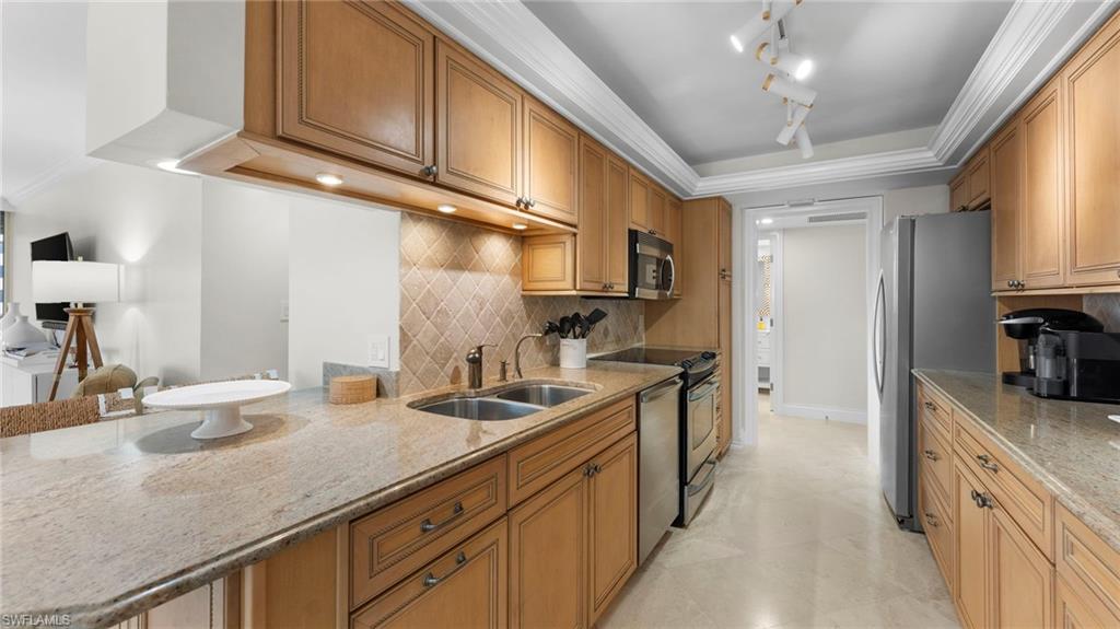 Kitchen with decorative backsplash, light stone countertops, stainless steel appliances, a tray ceiling, and sink