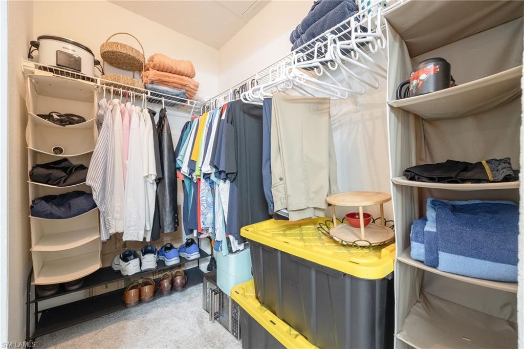 Walk-in closet featuring wire shelving, hanging rods, and carpet flooring