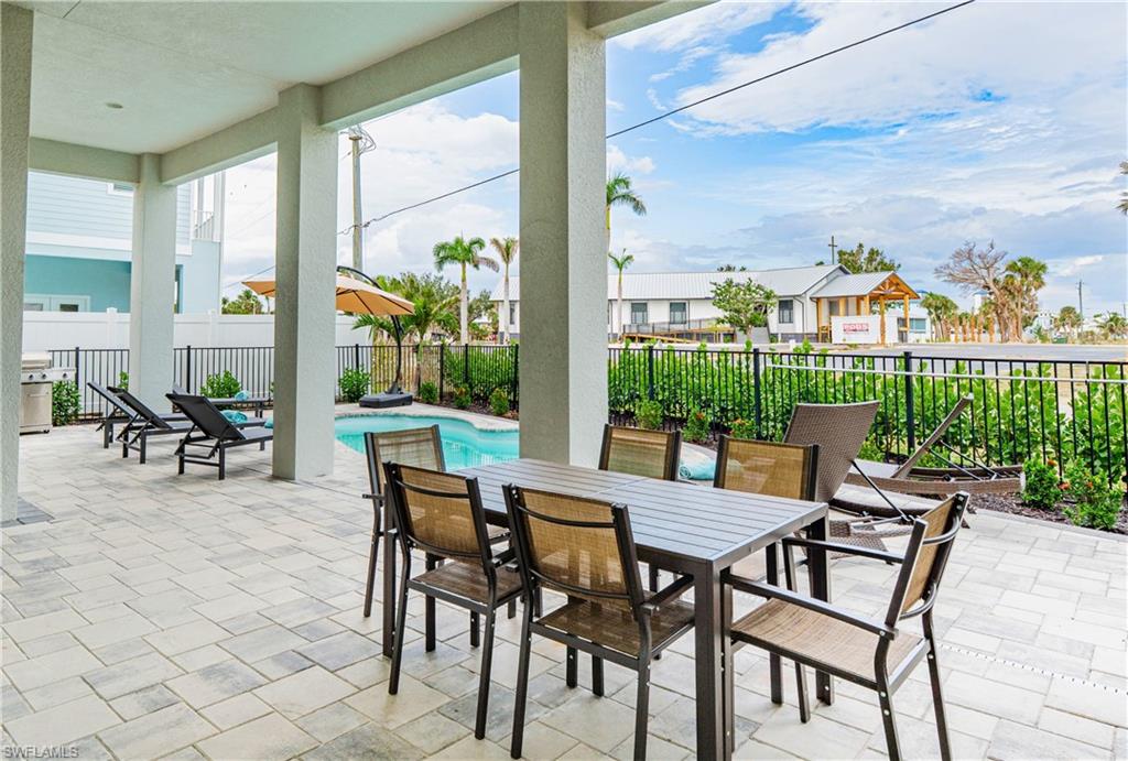 Expansive covered patio featuring paver flooring, a built-in outdoor grill, a private swimming pool, and privacy fencing with lush landscaping - Virtually Edited Image