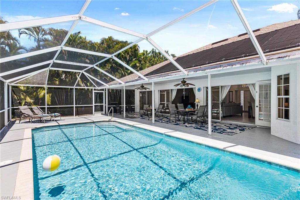 The electric-heated pool has southern exposure