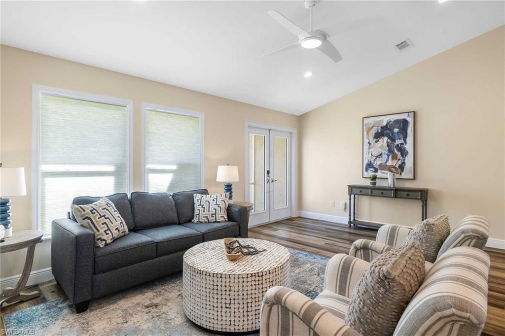 The living room is right off the front entry
