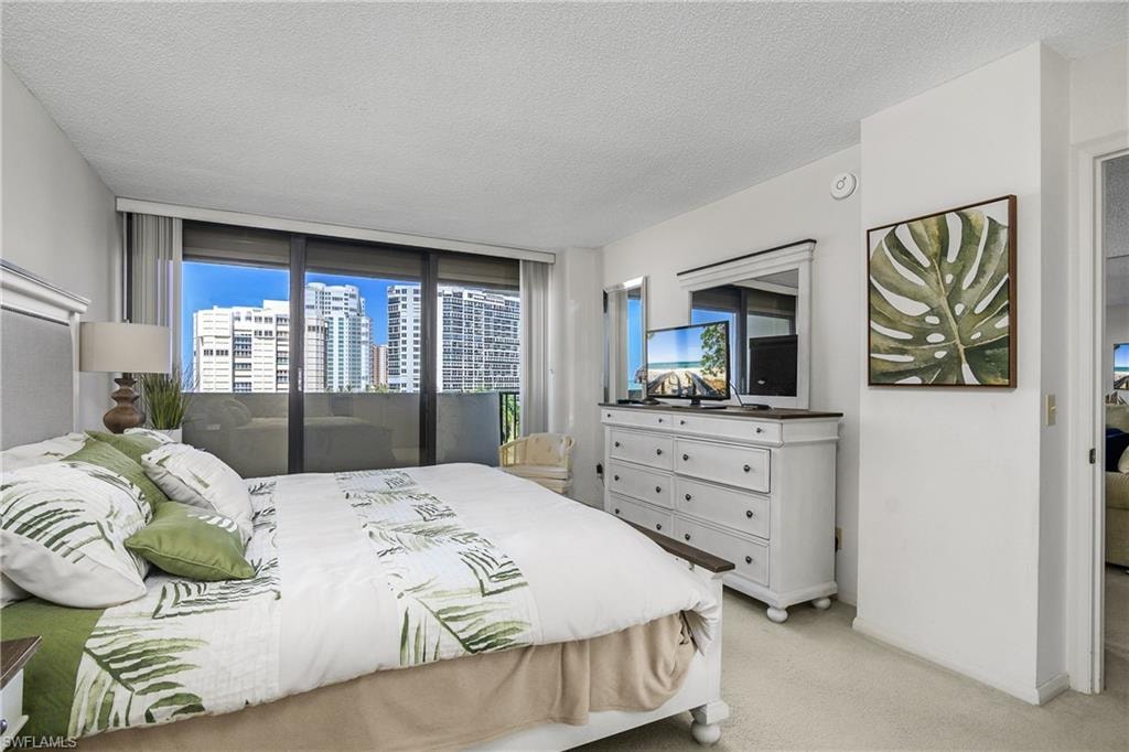 Master bedroom with light carpet, a textured ceiling, and expansive windows