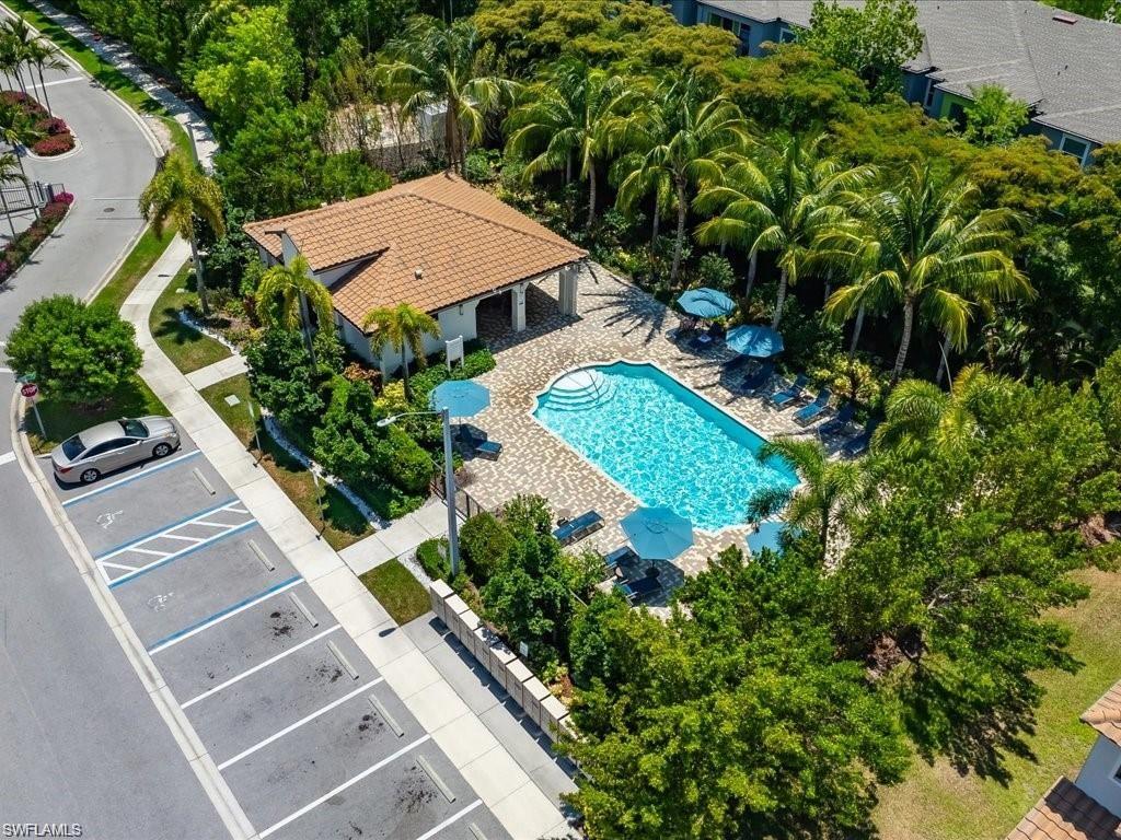 Community pool area with a decorative tile roof structure, surrounded by mature palm trees and lush landscaping