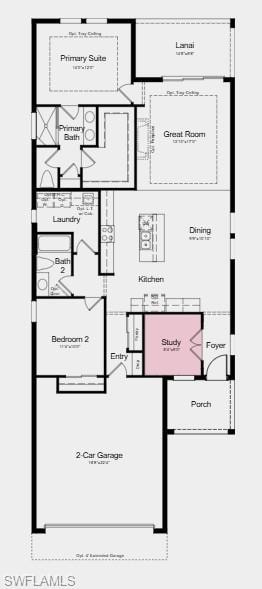 Floor Plan - Additional Highlights Include: refrigerator, thickened island counter, tray ceiling package, extended 4' garage extension, prewired for future pool or spa, and base cabinet with sink in laundry room
