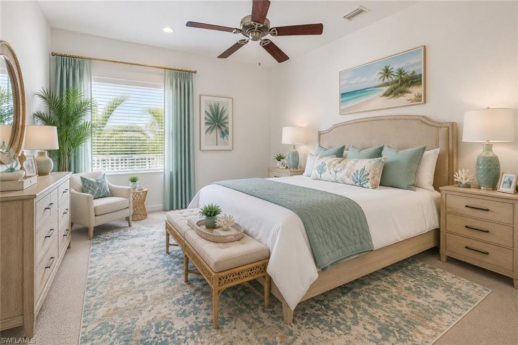 Bright bedroom featuring a large window with horizontal blinds and draperies. Furnishings virtually Staged