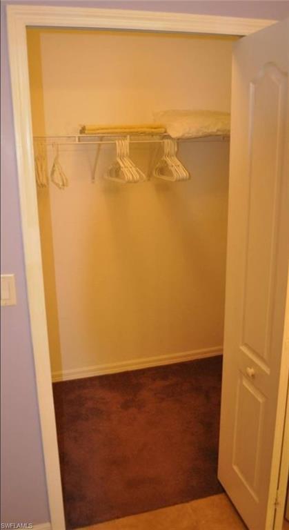 Interior closet featuring wire shelving, hanging rod, and brown carpeting