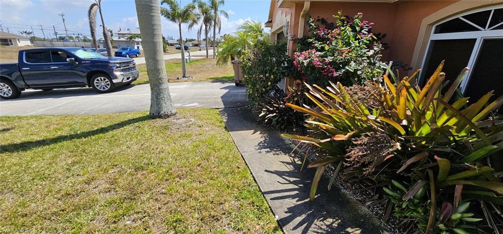 Exterior landscaping featuring a variety of tropical foliage, a concrete walkway, and a manicured lawn