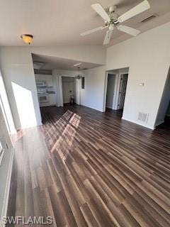 Unfurnished living room featuring lofted ceiling, ceiling fan, and dark hardwood / wood-style floors