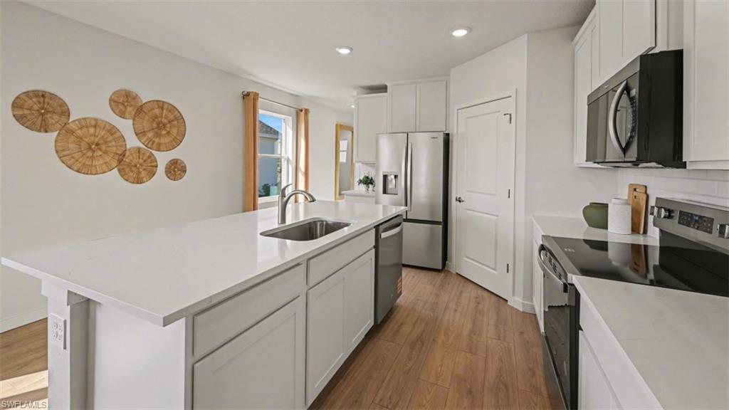 Modern kitchen featuring white cabinetry, a large kitchen island with an undermount sink, stainless steel appliances, and wood-finish flooring