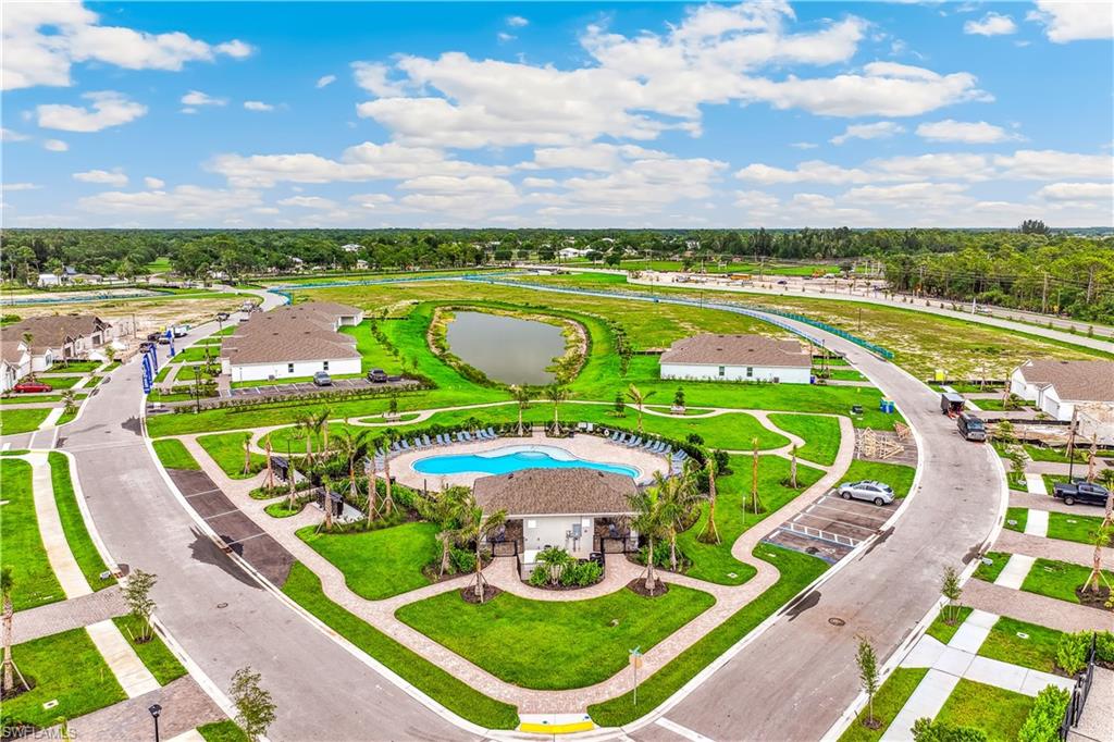 Aerial representation of a residential community featuring a central amenity area