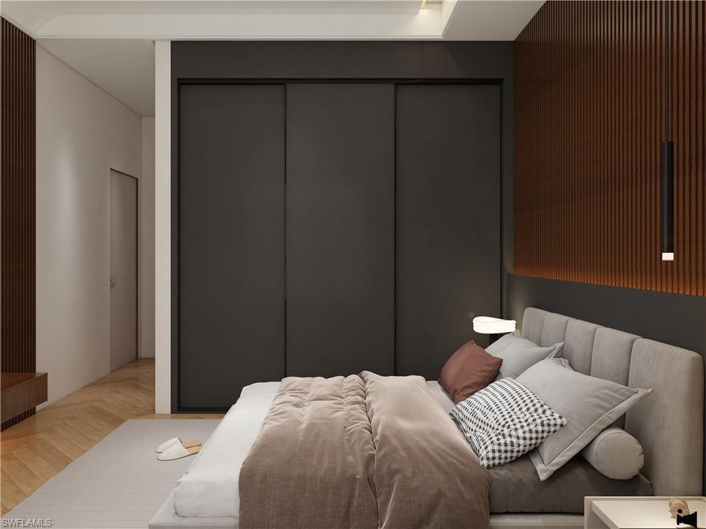 Modern bedroom featuring dark panel closet doors, a slatted wood accent wall with integrated lighting, wood-finish herringbone flooring, and an upholstered headboard (Rendered photo)