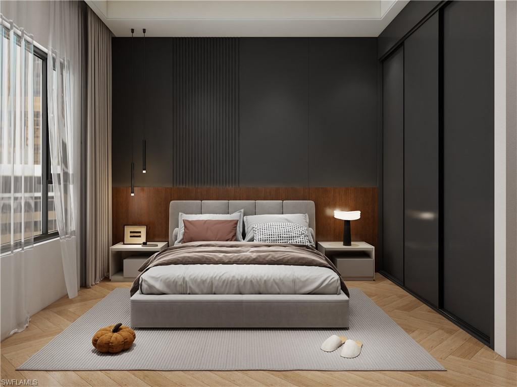Bedroom featuring a paneled accent wall with wood-finish trim, herringbone wood-finish flooring, and built-in sliding wardrobes (Rendered photo)
