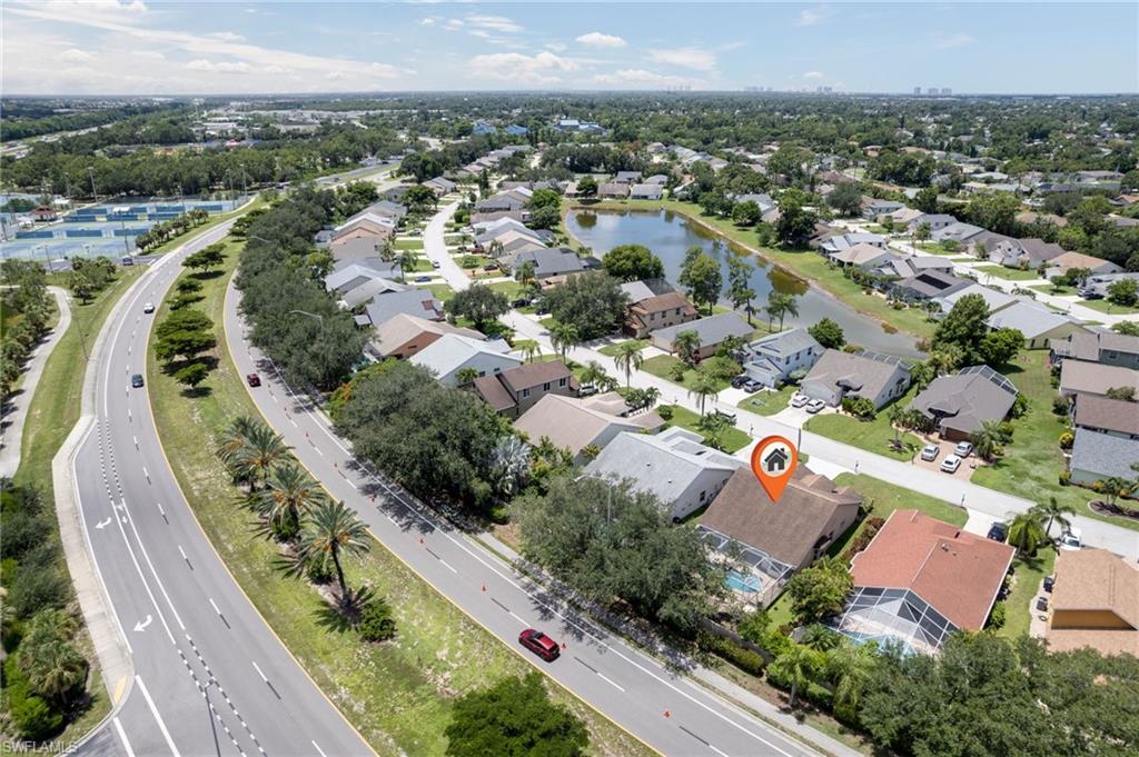 Aerial perspective showcasing a residential neighborhood with varied architectural styles
