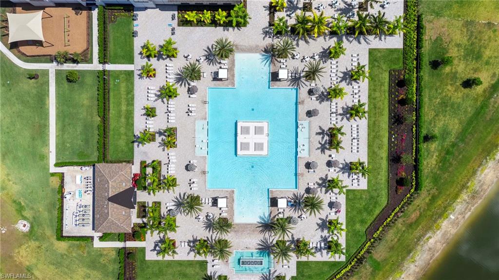Expansive community recreation area featuring a large swimming pool, surrounding lounge seating, multiple shade umbrellas, and a variety of mature palm trees