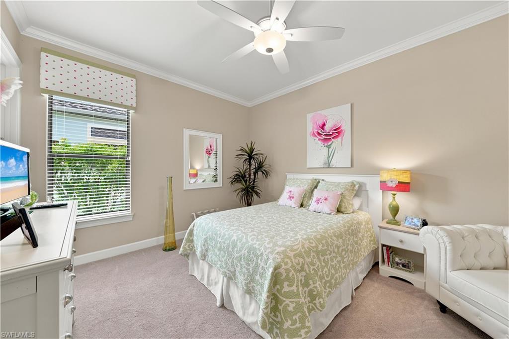Carpeted room featuring a ceiling fan with integrated lighting, crown molding, and a window with horizontal blinds and a decorative valance