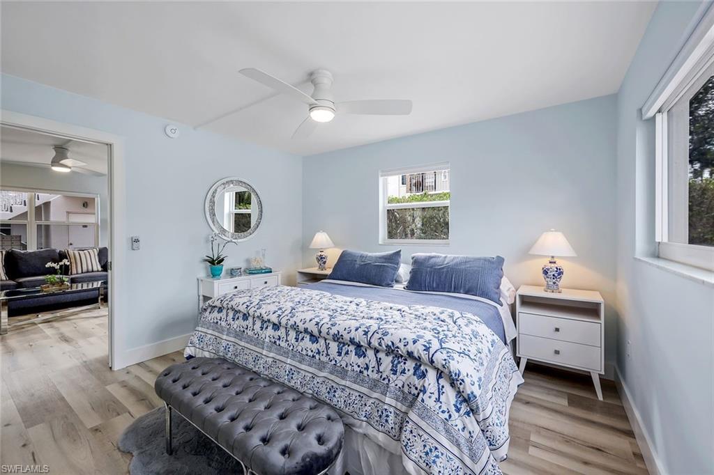 Bedroom decorated in beautiful blues tones.