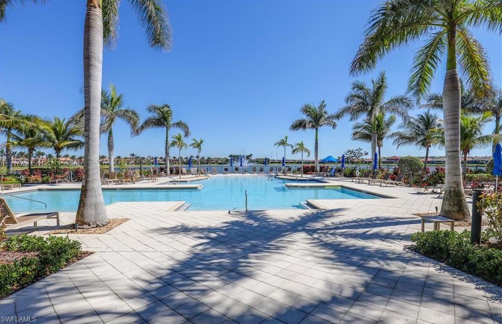 Expansive outdoor pool area featuring clear blue water, a surrounding paver patio, and numerous mature palm trees