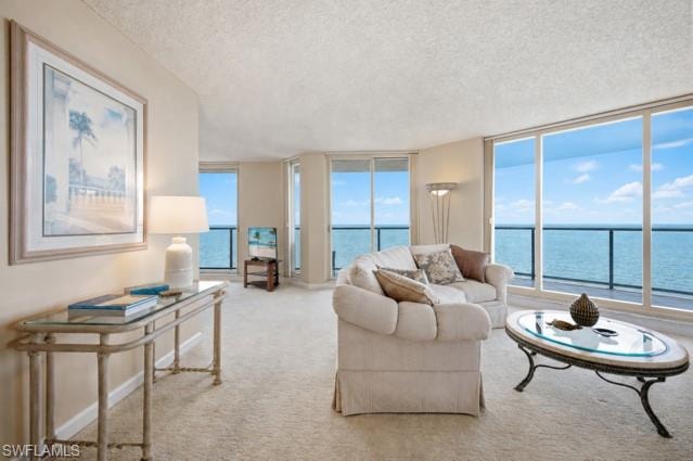 Expansive living area featuring floor-to-ceiling windows, direct water frontage, a private balcony with glass railing, and neutral-toned carpeting
