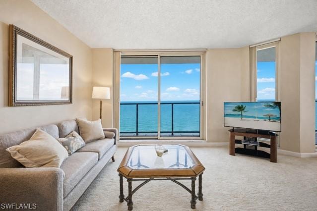 Living space featuring floor-to-ceiling sliding glass doors opening to a balcony with glass railings, showcasing expansive water and sky scenery