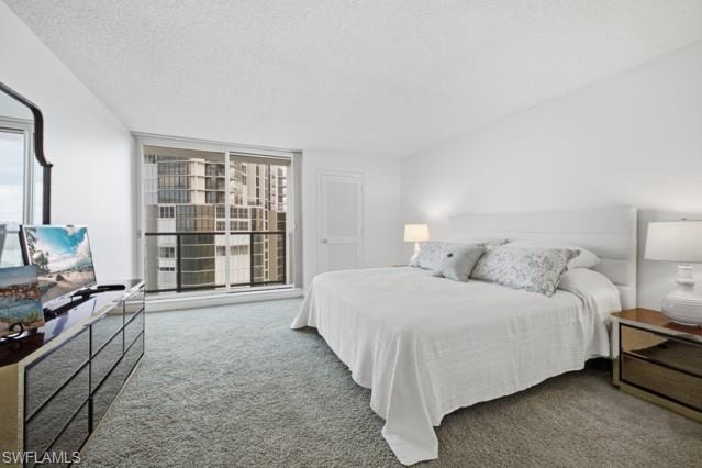 Bedroom featuring a full wall of floor-to-ceiling sliding glass doors, light-colored carpeting, a white paneled headboard, and white painted walls