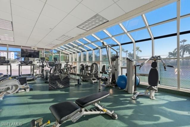 Fitness center with ample natural light from an extensive glass wall and ceiling