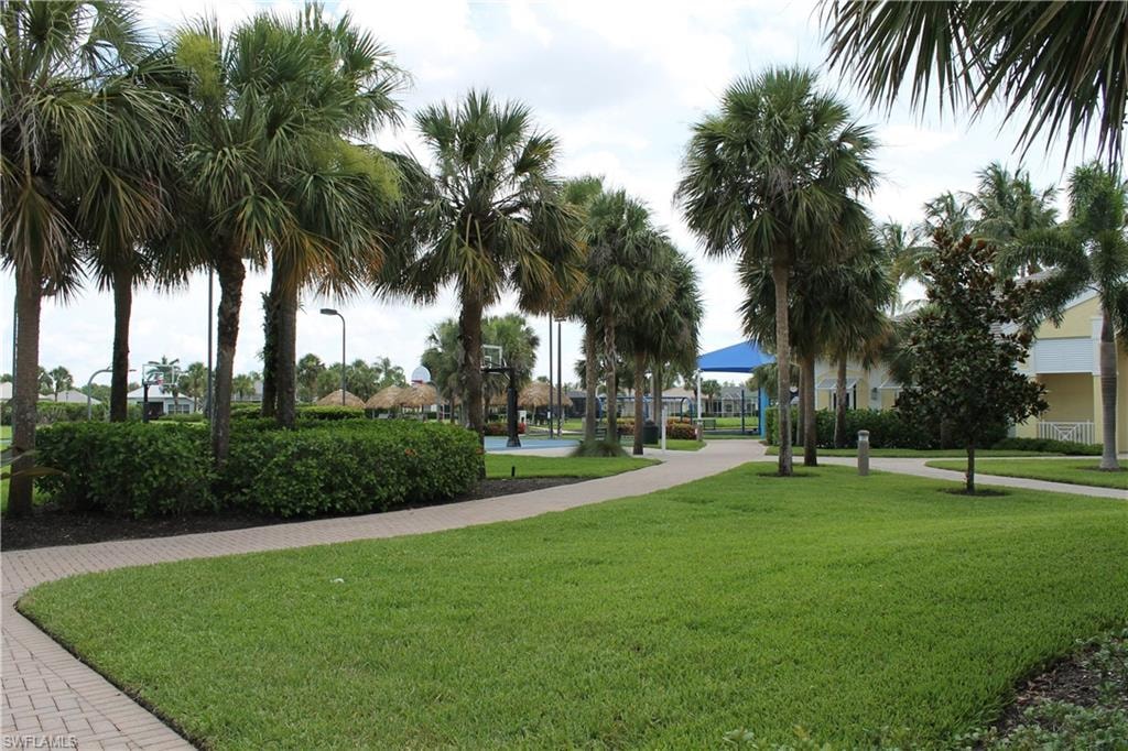 Expansive green space featuring mature palm trees, paved pathways, and manicured landscaping