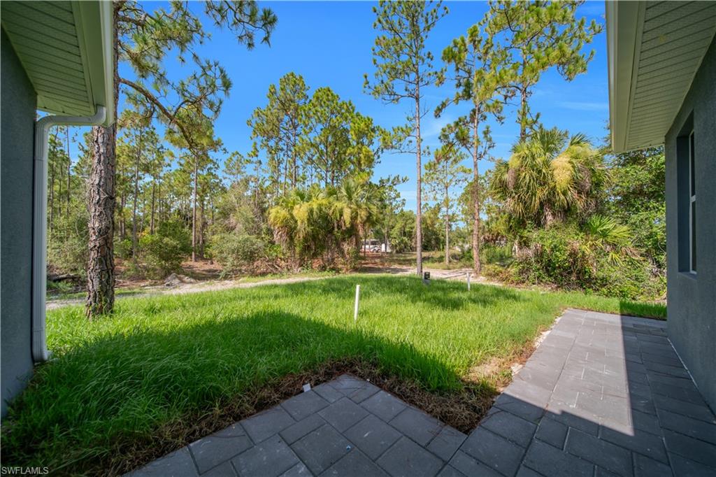 Expansive backyard with a paver patio, lush green lawn, mature pine trees, and natural foliage