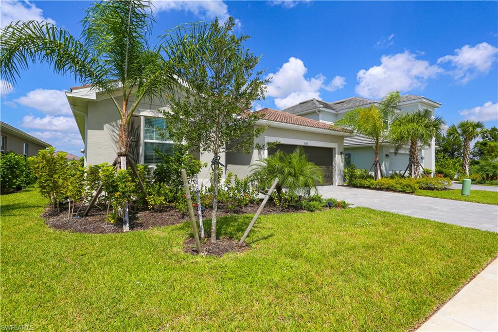 View of front facade with a front lawn and a garage