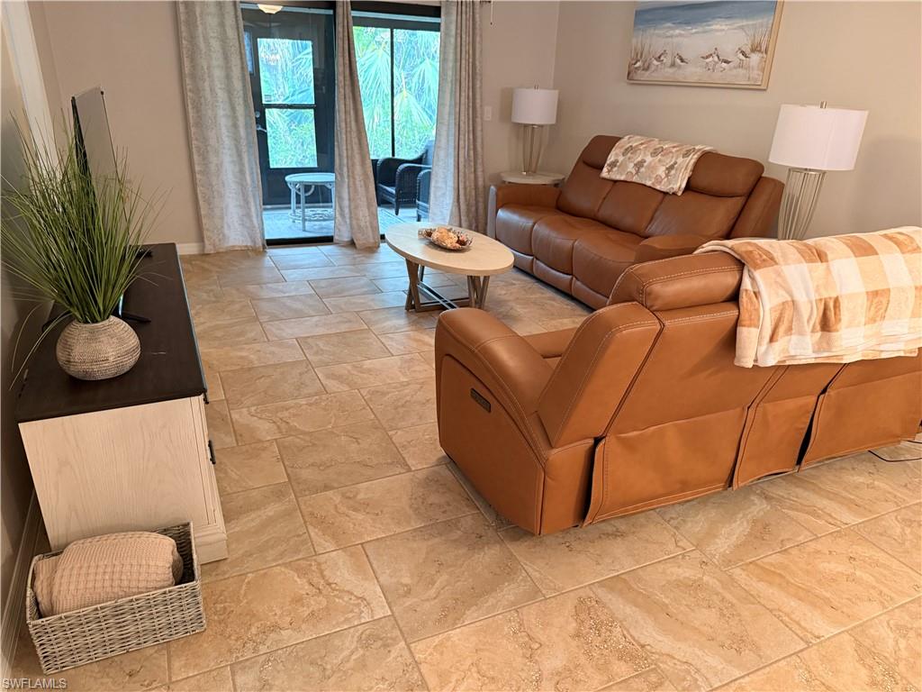 Neutral-toned tile flooring throughout