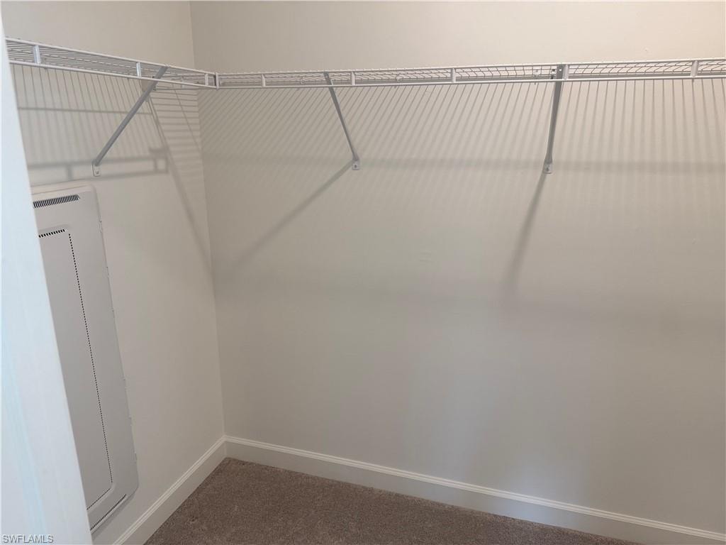 Walk-in closet featuring wire shelving, wall-to-wall carpeting, and white baseboards